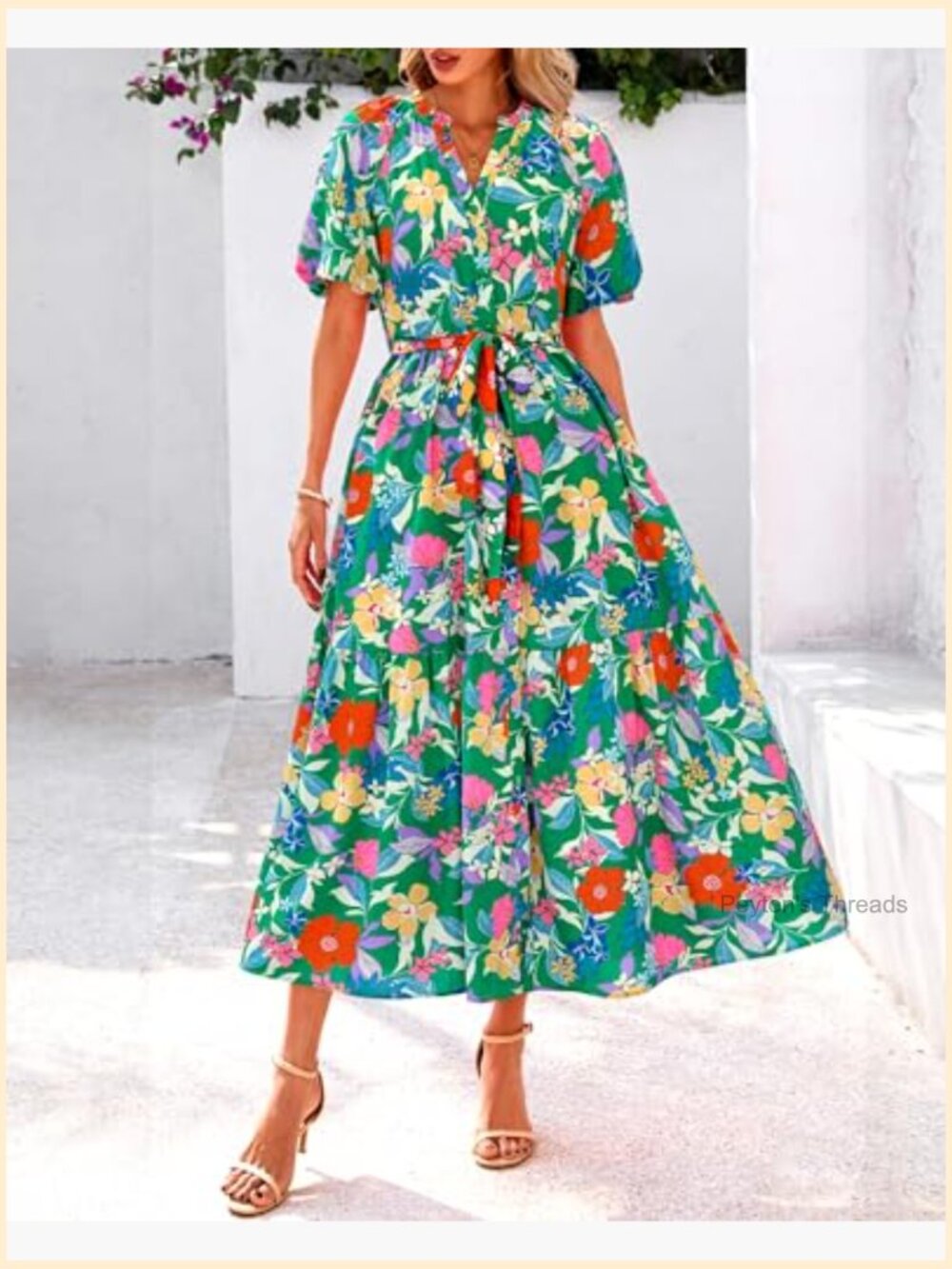 Boho Short Sleeve V Neck Button Belt Flowy Maxi Dress with Pockets - Picture 5 of 7
